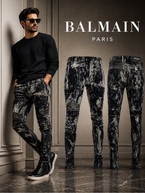 Balmain Paris Biker Jeans – Black/White Marble Wash